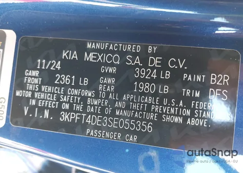 2025 Kia K4 Lxs из США, поврежденный, VIN 3KPFT4DE3SE055356